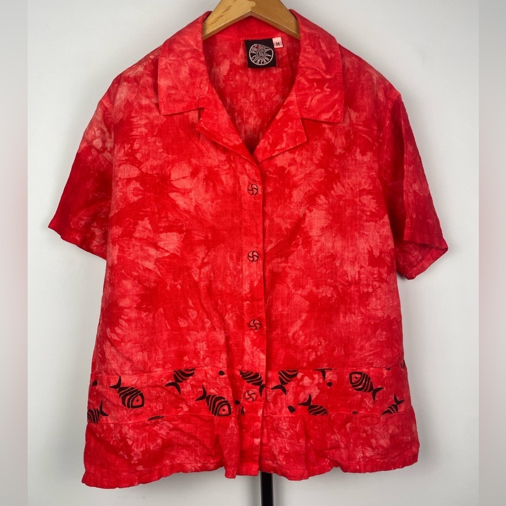 Produce Company Red Tie Dye Fish Print‎ Linen Short Sleeve Button Up Shirt